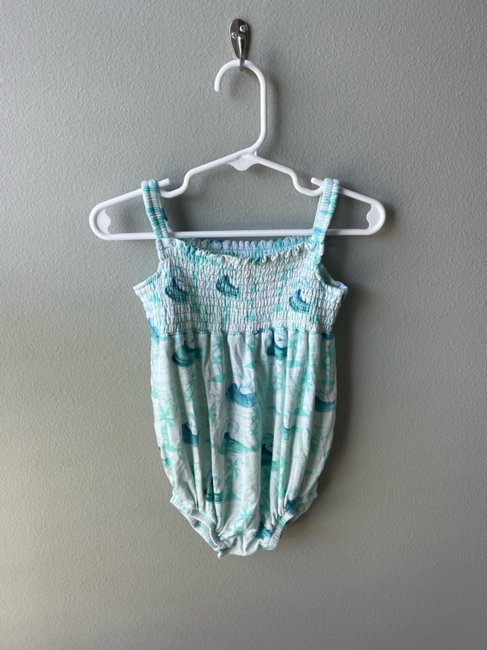 Birdie Beans Blue Ocean Waves and Palm Trees Bamboo Bubble Romper